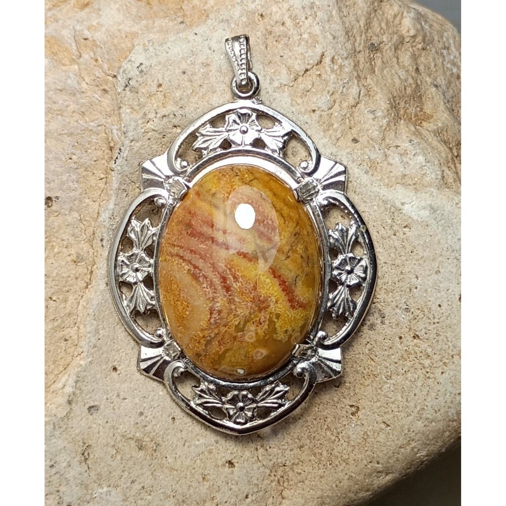 Victorian Revival Jasper Agate Cabochon Pendant Silver tone Floral Picture Frame
